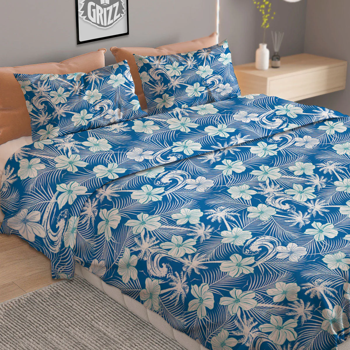 Palm Tree Blue Hibiscus Print Pattern Duvet Cover Bedding Set - Image 2