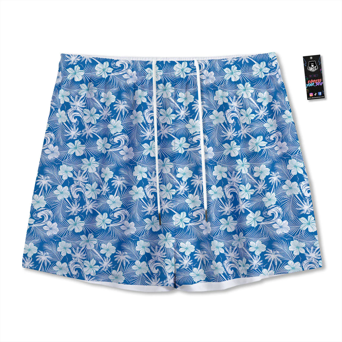 Palm Tree Blue Hibiscus Print Pattern Mesh Shorts