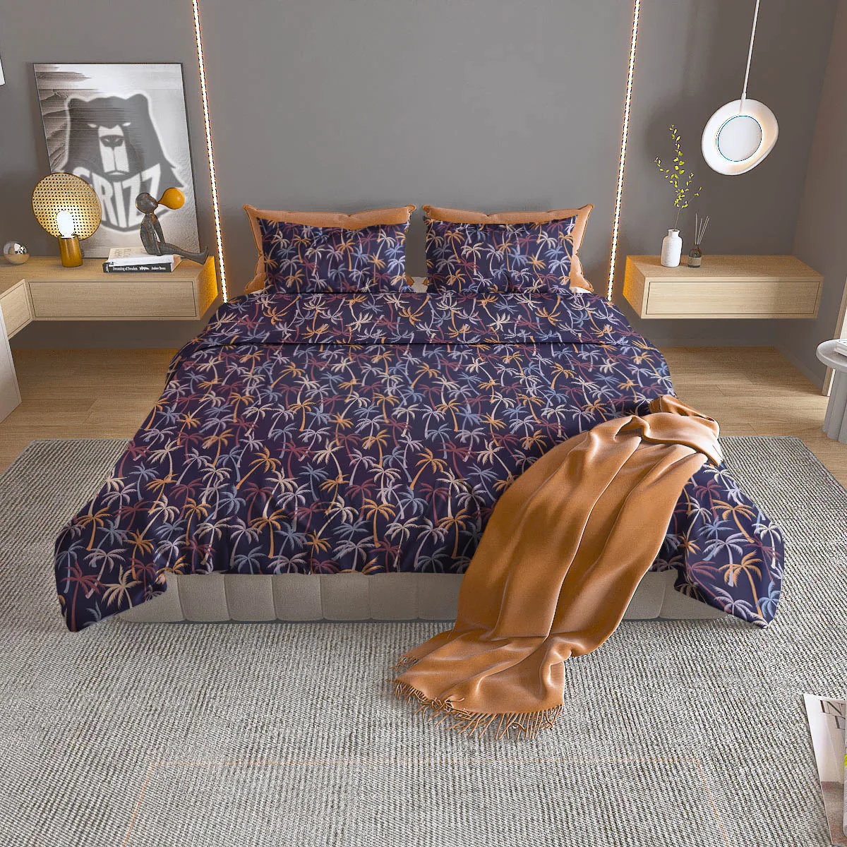 Palm Tree Colorful Print Pattern Duvet Cover Bedding Set