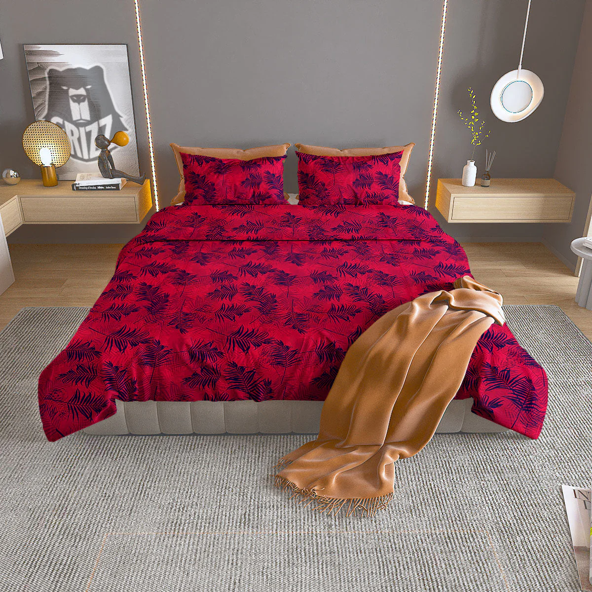 Palm Tree Red Print Pattern Duvet Cover Bedding Set