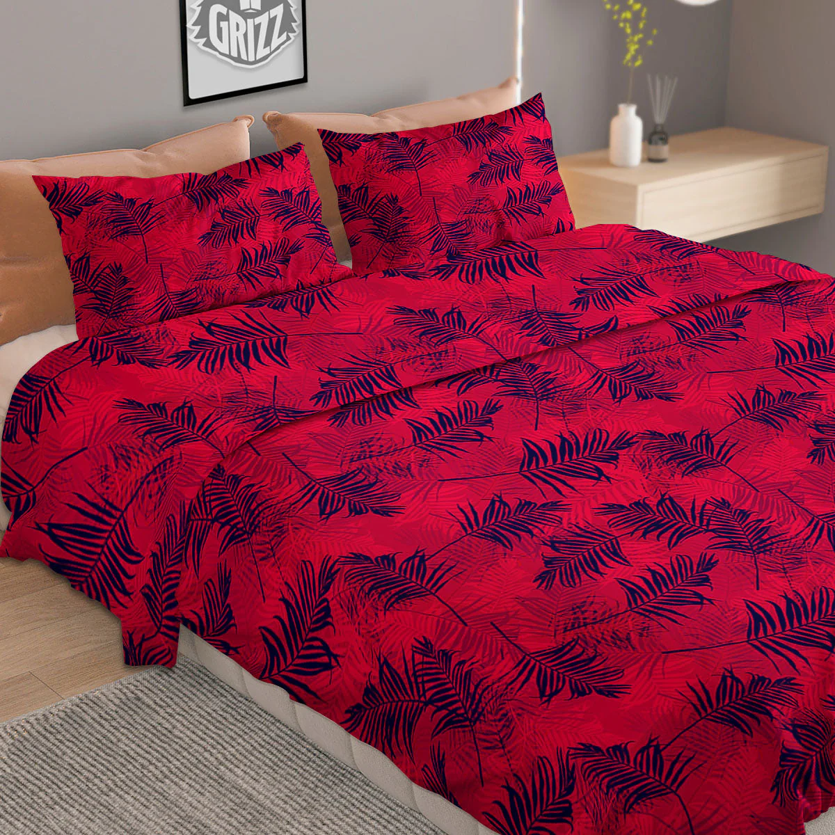 Palm Tree Red Print Pattern Duvet Cover Bedding Set - Image 2