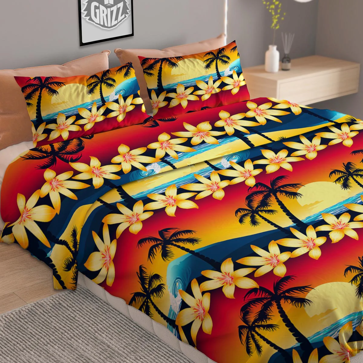 Palm Tree Sunset Hibiscus Print Pattern Duvet Cover Bedding Set - Image 2