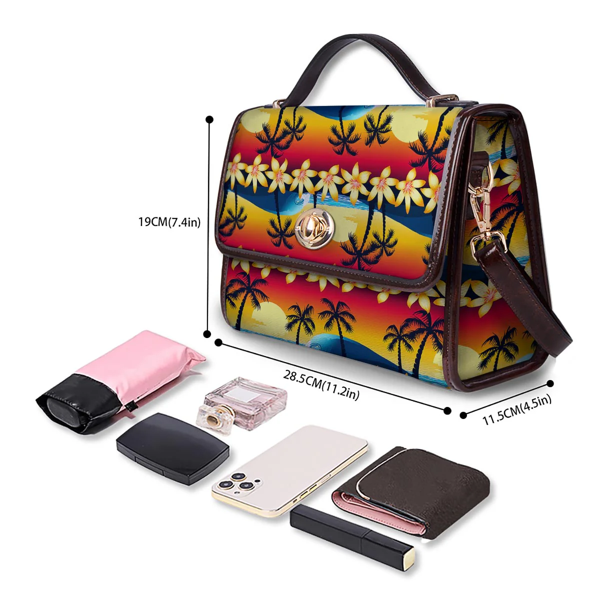 Palm Tree Sunset Hibiscus Print Pattern Women's Satchel Bag - Image 4