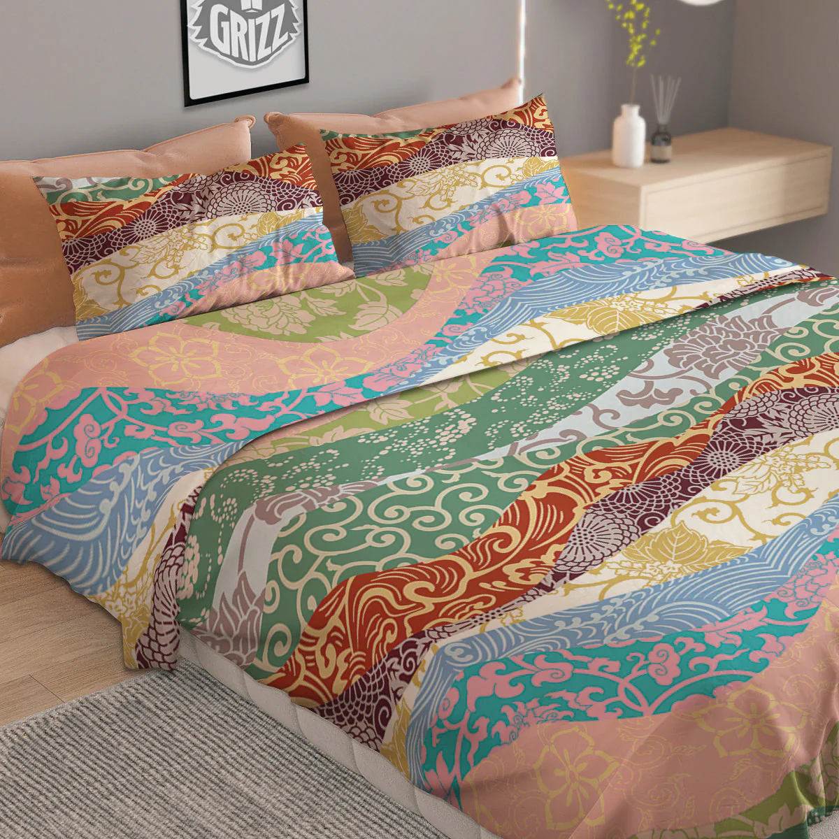 Pastel Japanese Fabric Traditional Print Pattern Duvet Cover Bedding Set - Image 2