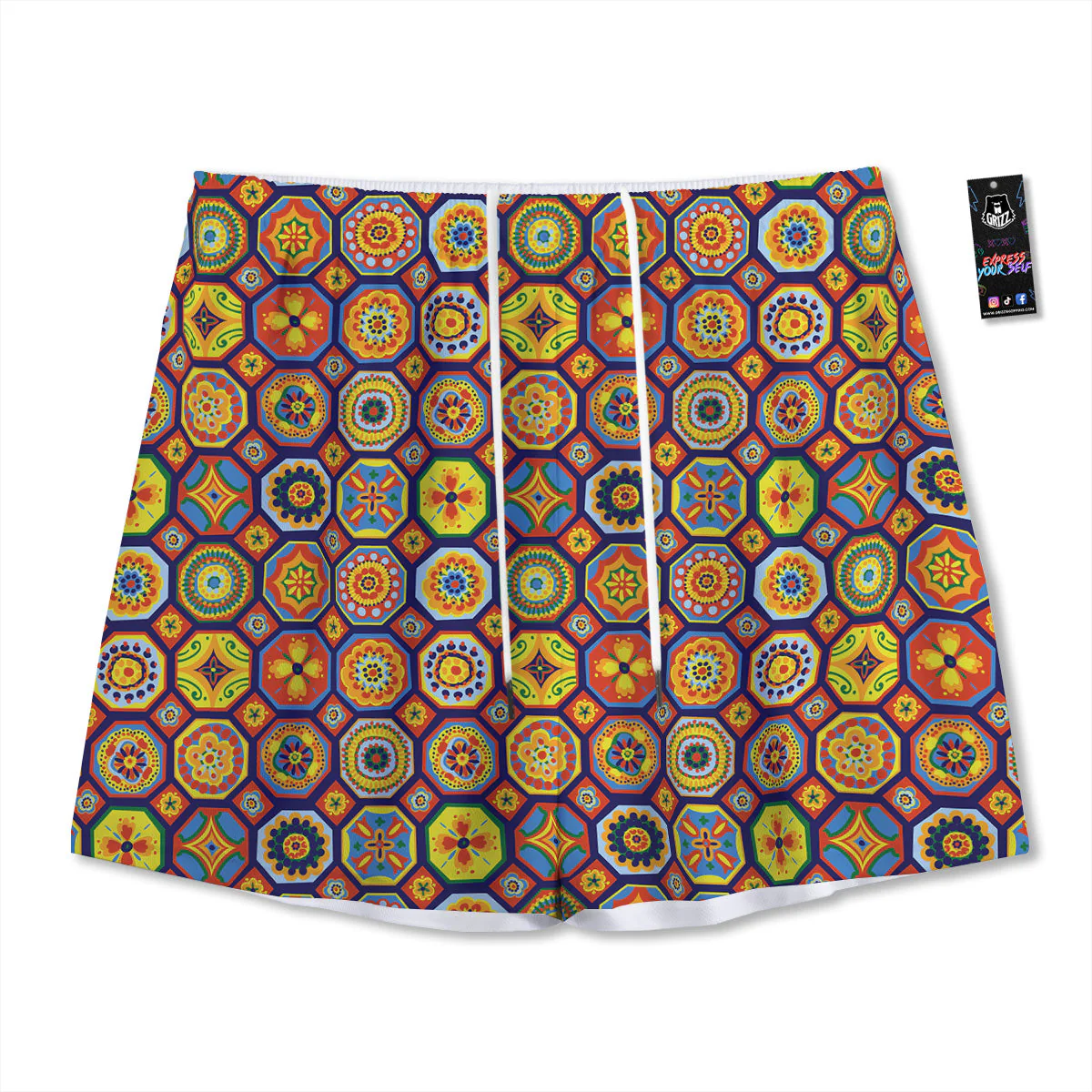 Patchwork Abstract Floral Colorful Print Pattern Mesh Shorts
