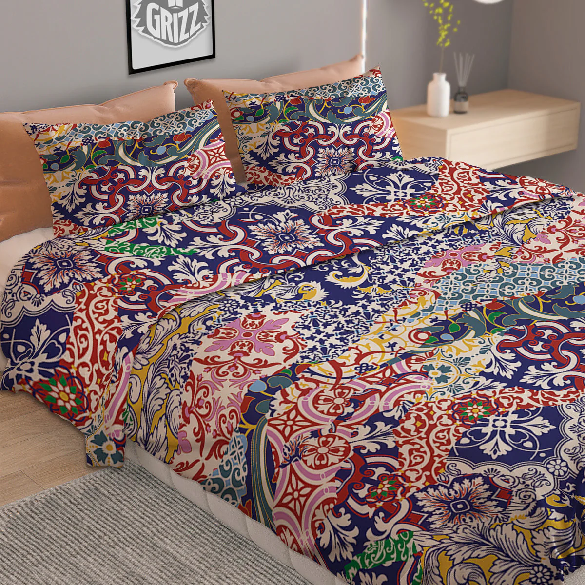 Patchwork Azulejos Tiles Print Pattern Duvet Cover Bedding Set - Image 2