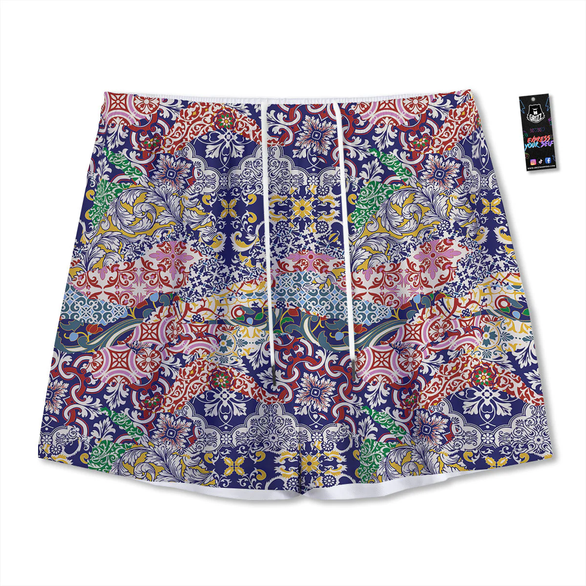 Patchwork Azulejos Tiles Print Pattern Mesh Shorts