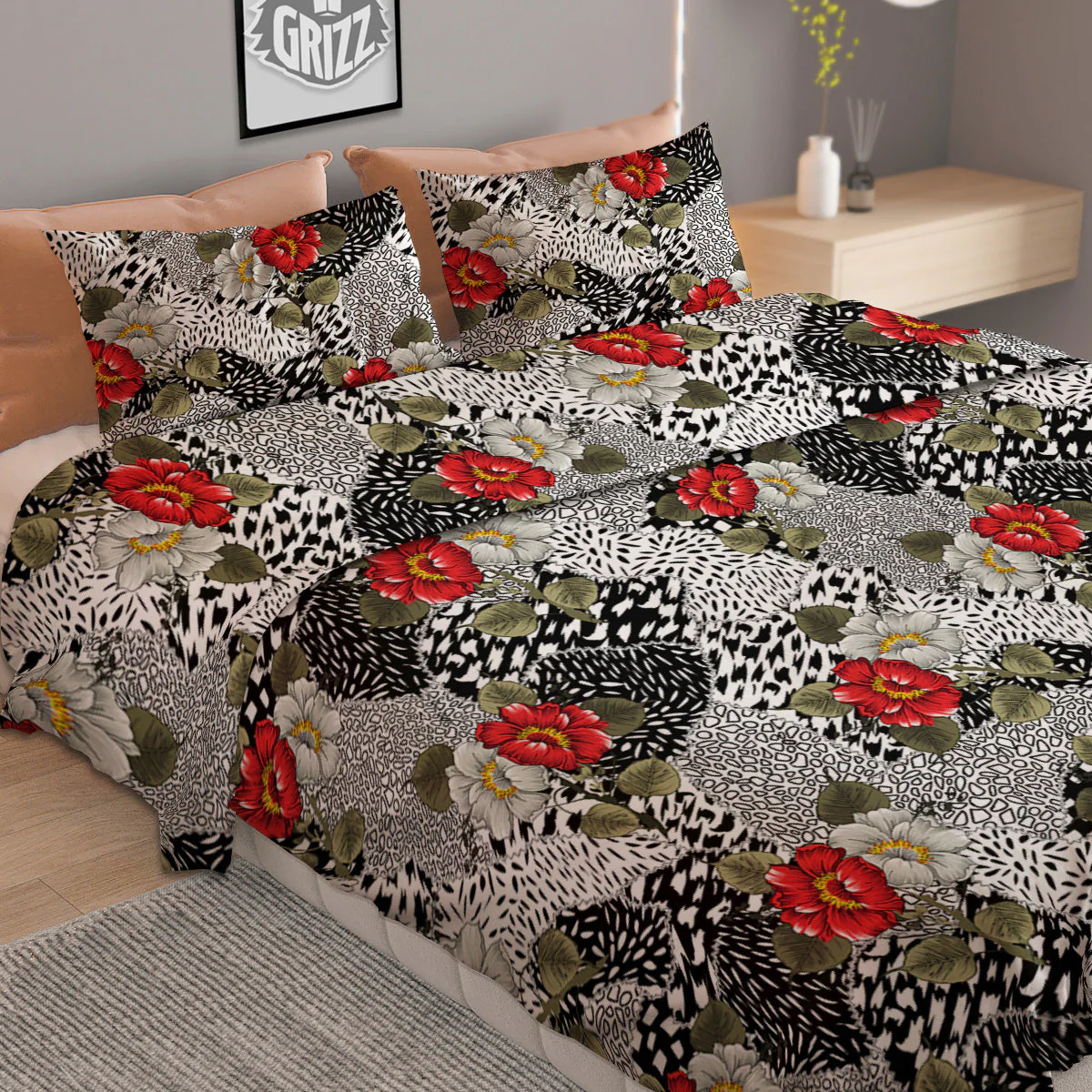 Patchwork Black White And Floral Print Pattern Duvet Cover Bedding Set - Image 2