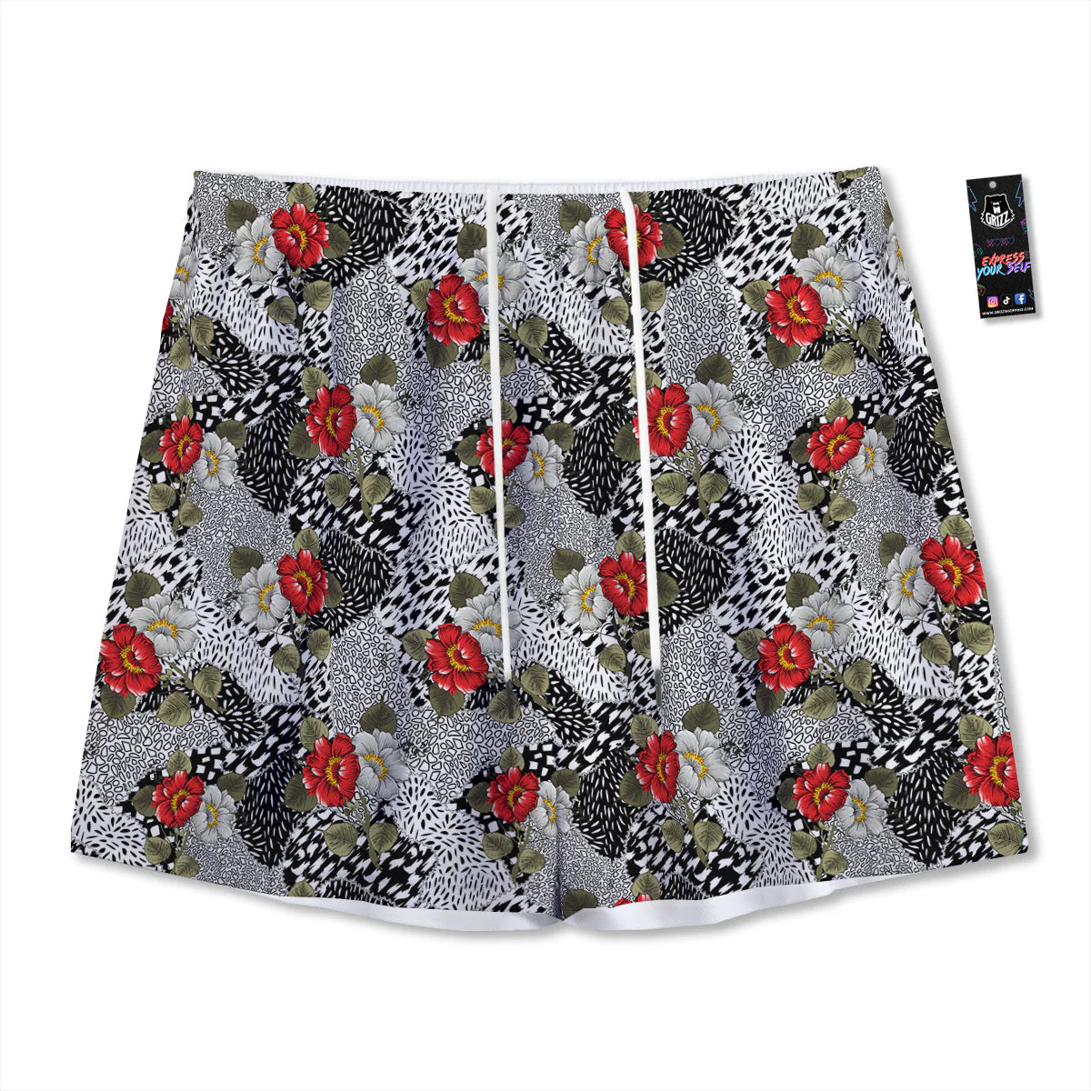Patchwork Black White And Floral Print Pattern Mesh Shorts
