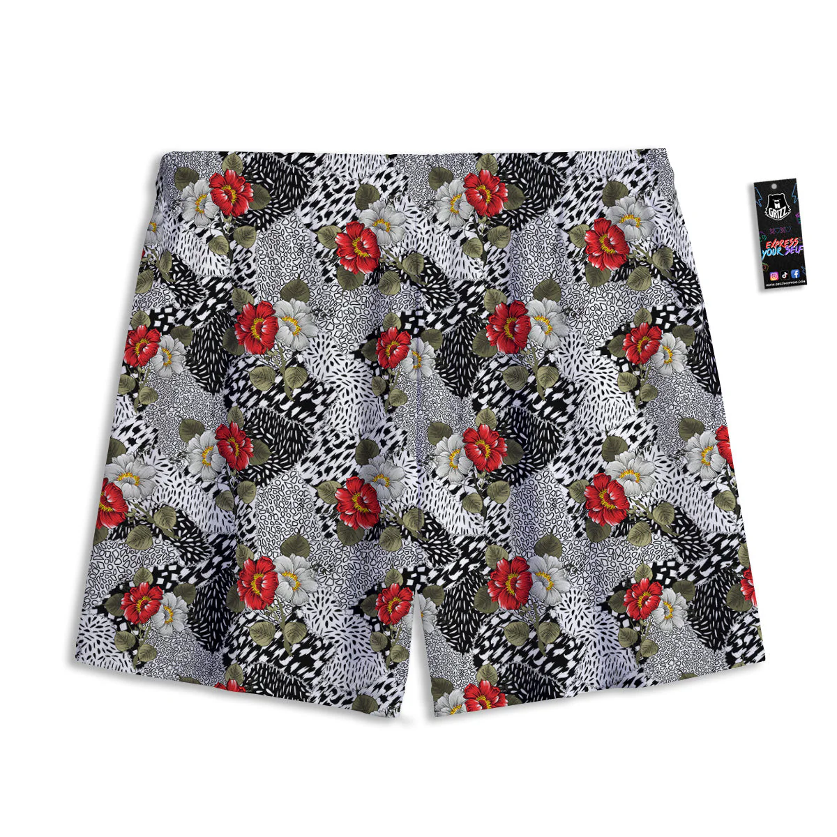 Patchwork Black White And Floral Print Pattern Mesh Shorts - Image 2