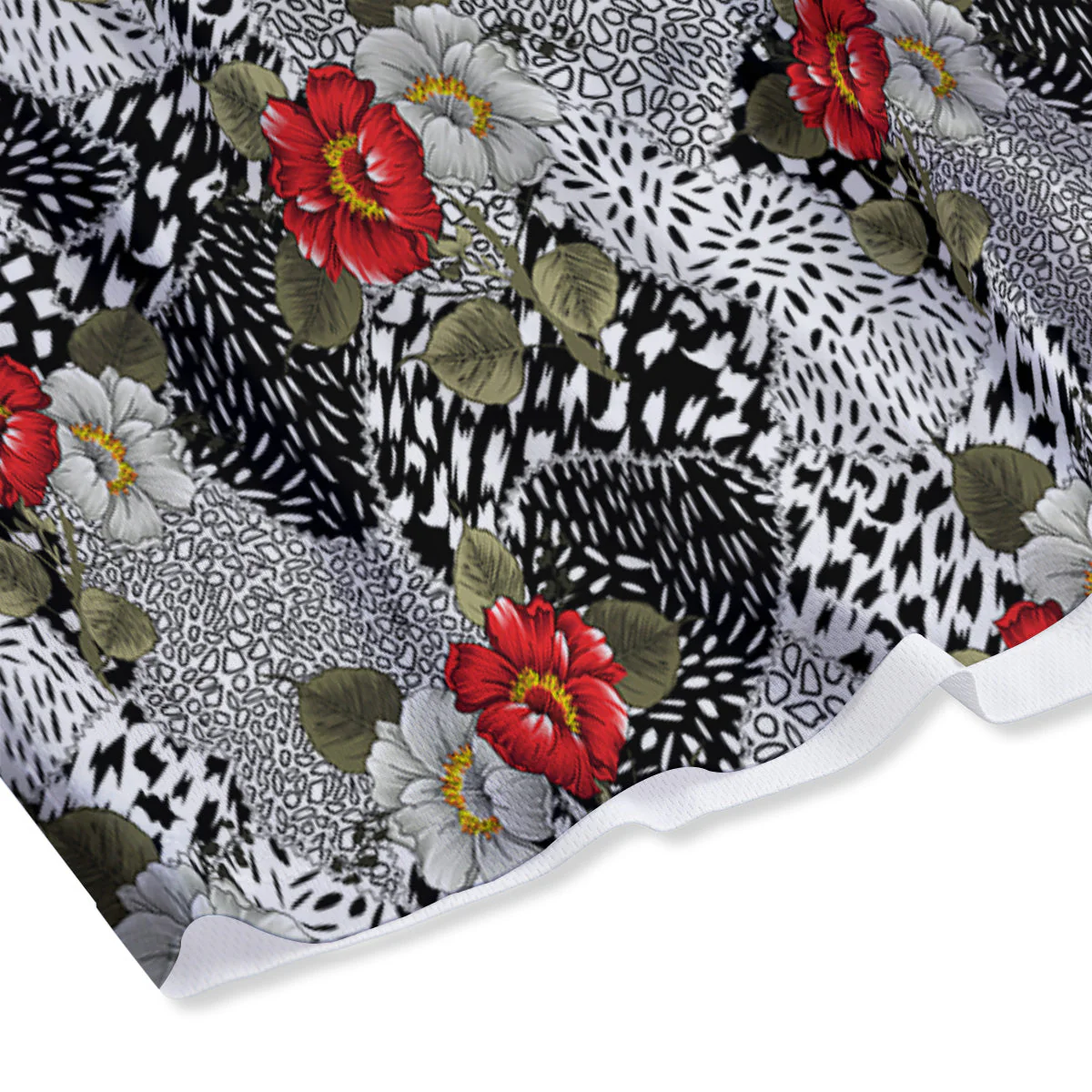 Patchwork Black White And Floral Print Pattern Mesh Shorts - Image 4