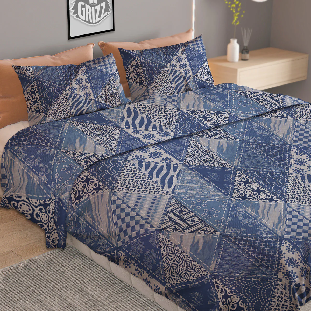 Patchwork Blue Denim Print Pattern Duvet Cover Bedding Set - Image 2