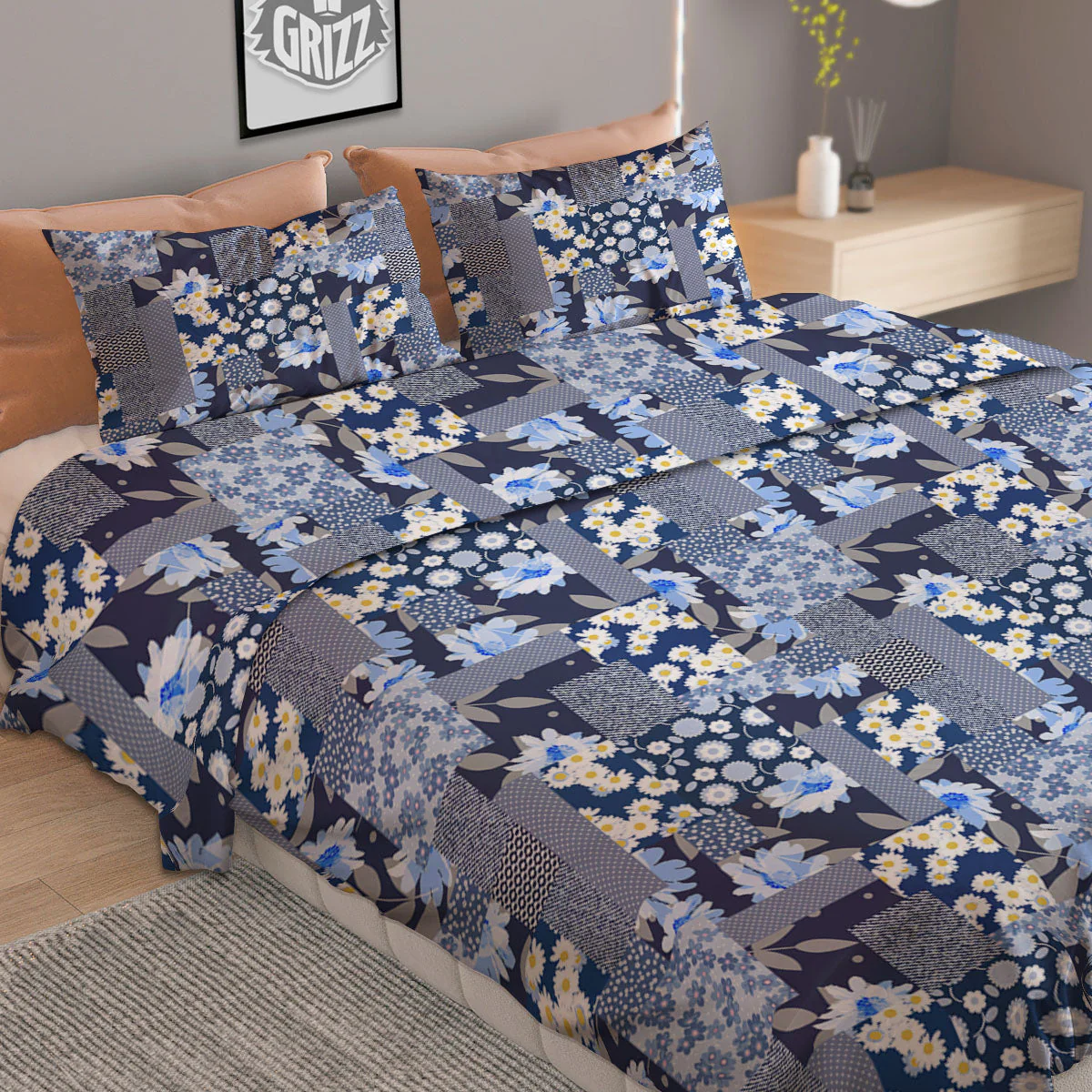 Patchwork Blue Floral Print Pattern Duvet Cover Bedding Set - Image 2
