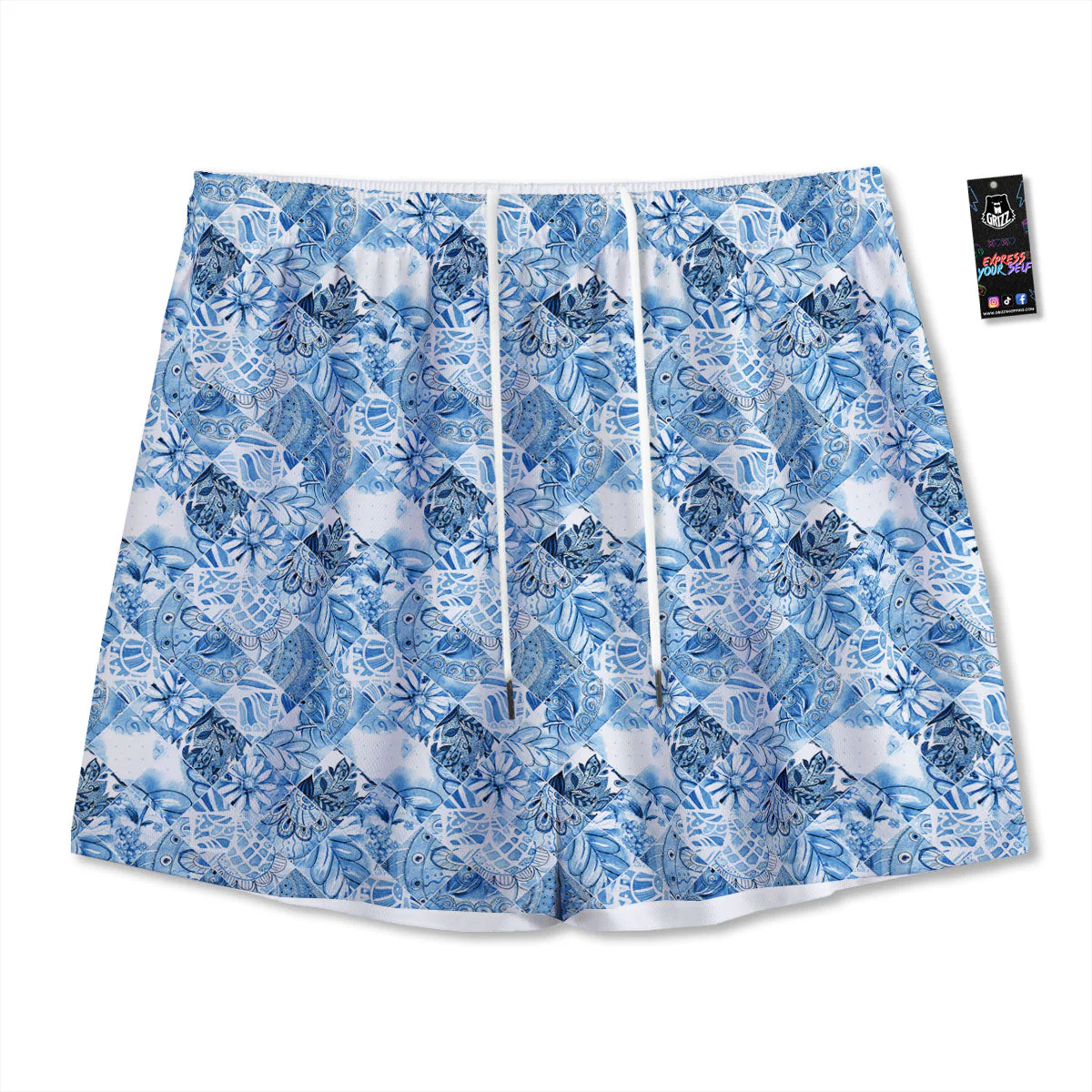 Patchwork Blue Flower Print Pattern Mesh Shorts