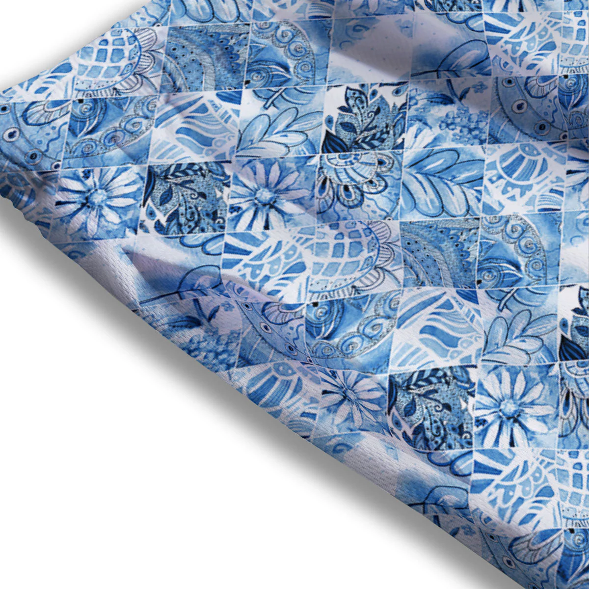 Patchwork Blue Flower Print Pattern Mesh Shorts - Image 3