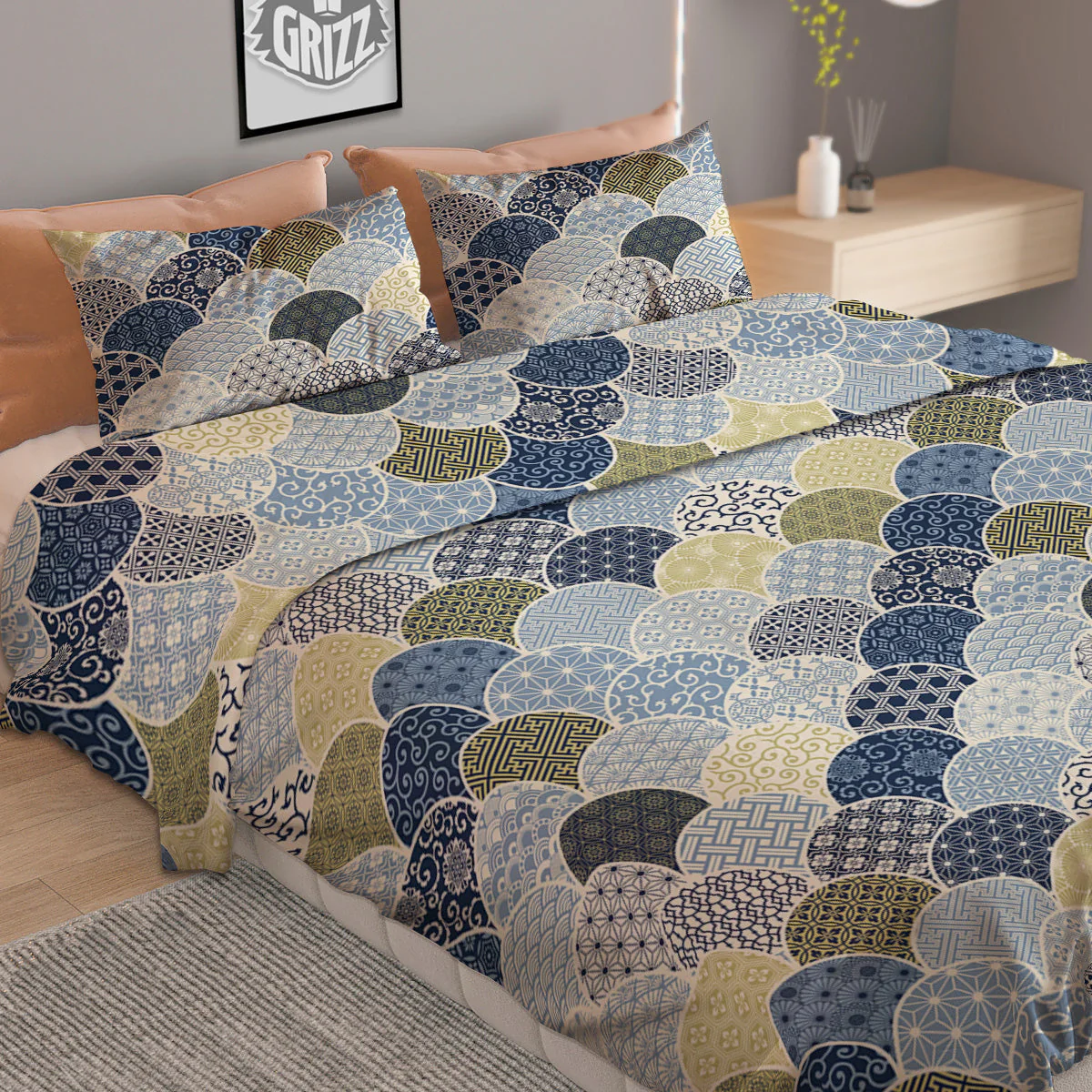 Patchwork Blue Traditional Japanese Print Pattern Duvet Cover Bedding Set - Image 2