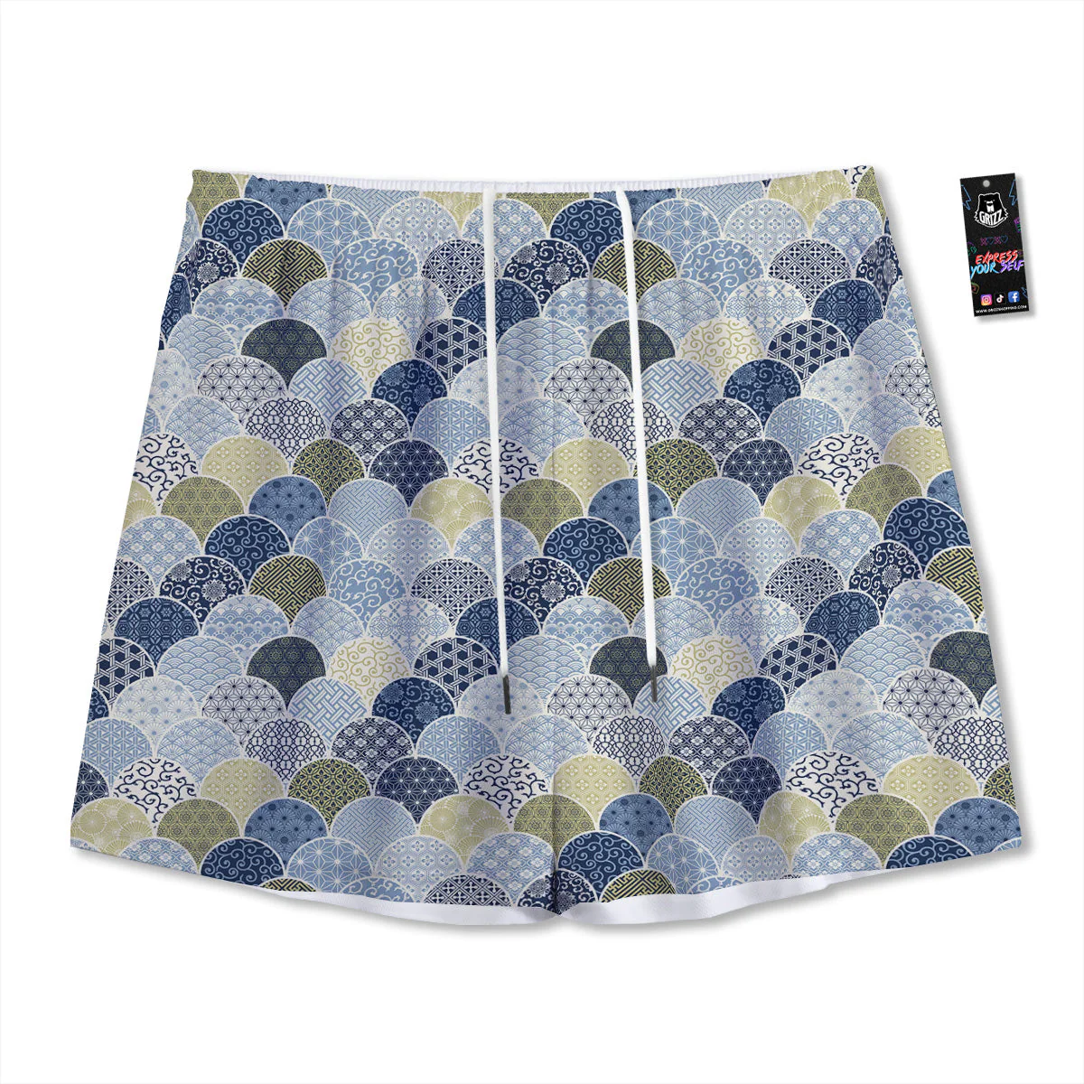 Patchwork Blue Traditional Japanese Print Pattern Mesh Shorts