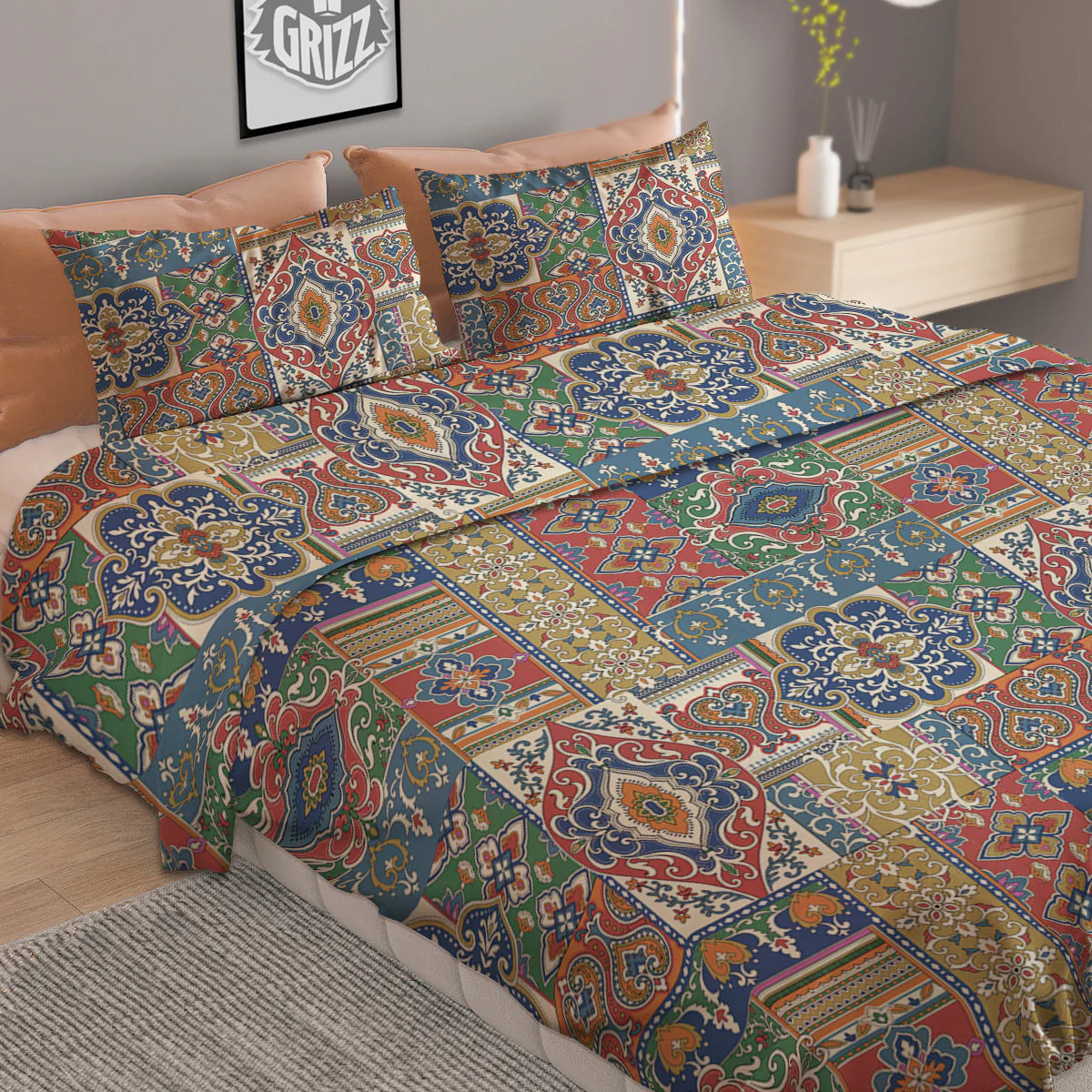 Patchwork Damask Vintage Print Pattern Duvet Cover Bedding Set - Image 2