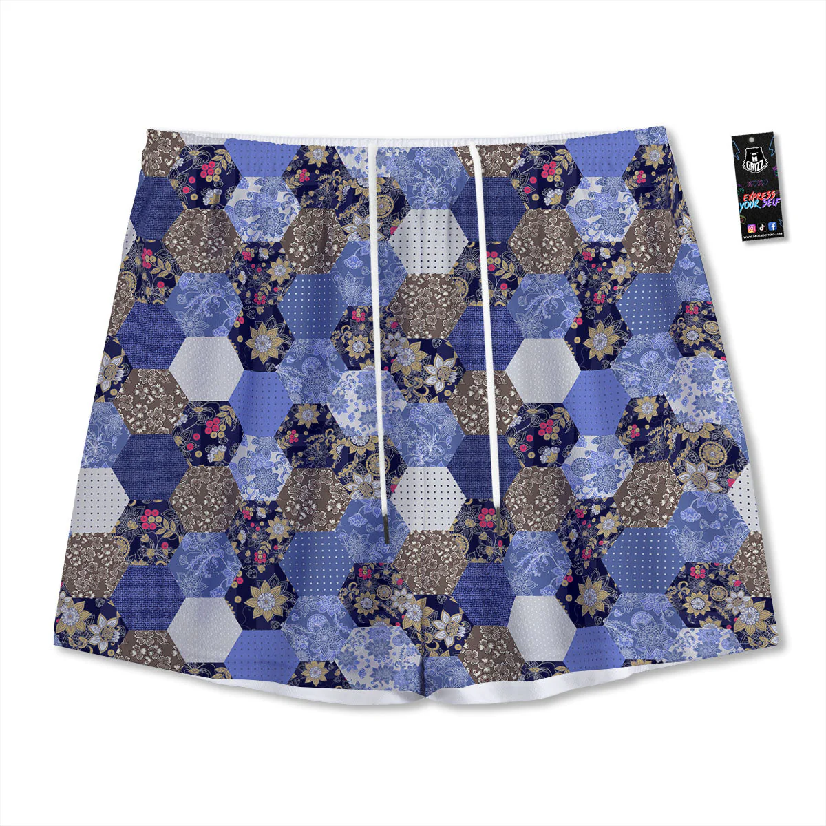 Patchwork Denim And Plaid Print Pattern Mesh Shorts