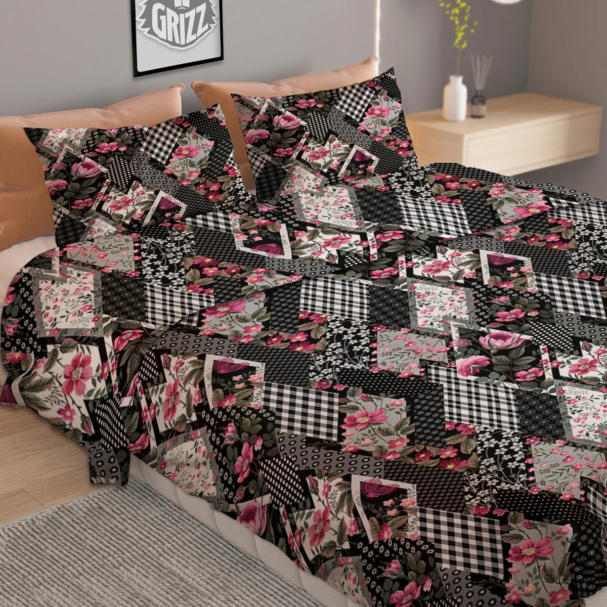 Patchwork Floral Black Pink Print Pattern Duvet Cover Bedding Set - Image 2