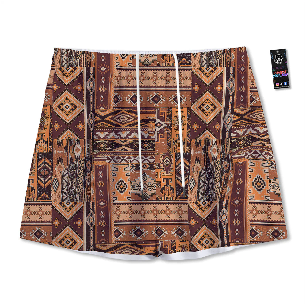 Patchwork Grunge Native American Print Pattern Mesh Shorts