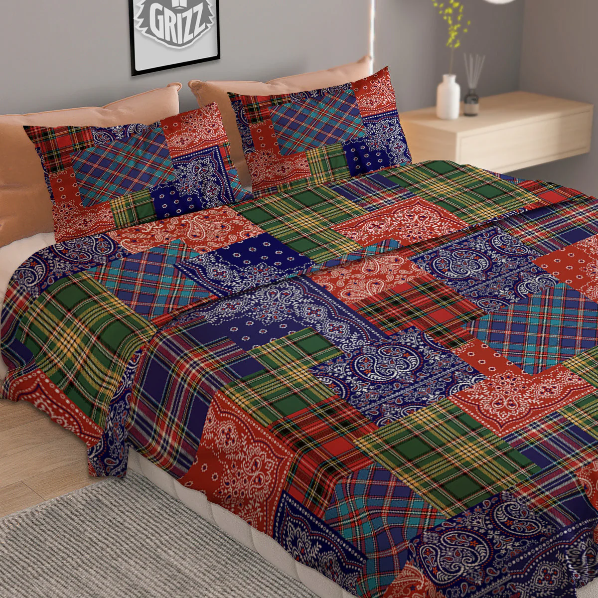 Patchwork Tartan And Bandana Print Pattern Duvet Cover Bedding Set - Image 2