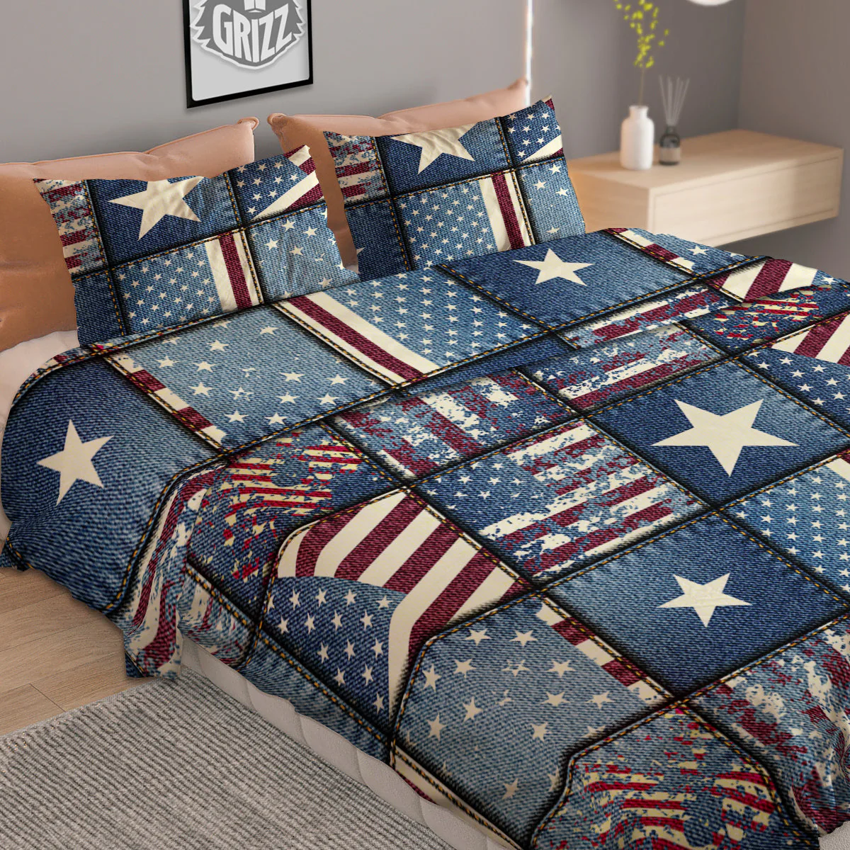 Patchwork USA Denim Print Pattern Duvet Cover Bedding Set - Image 2