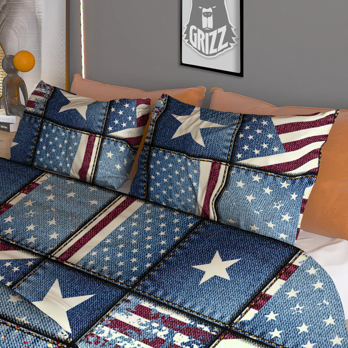 Patchwork USA Denim Print Pattern Duvet Cover Bedding Set - Image 3
