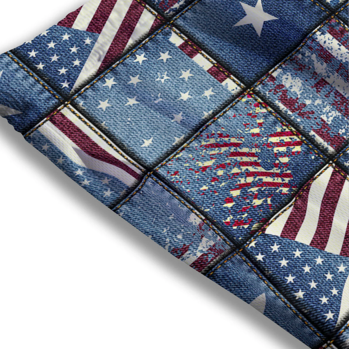 Patchwork USA Denim Print Pattern Mesh Shorts - Image 3