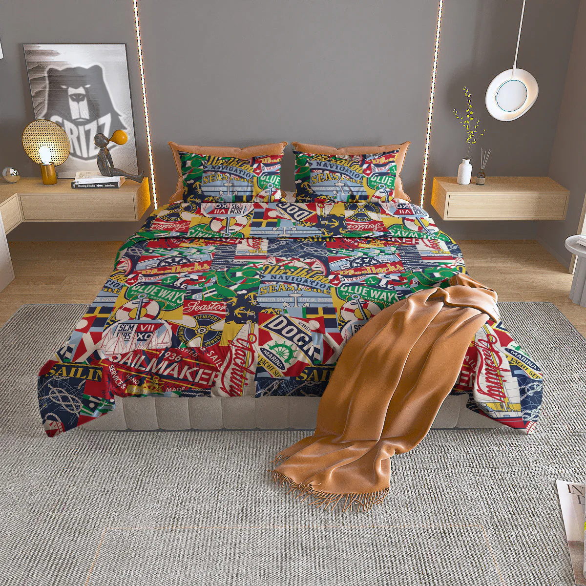 Patchwork Vintage Nautical Print Pattern Duvet Cover Bedding Set