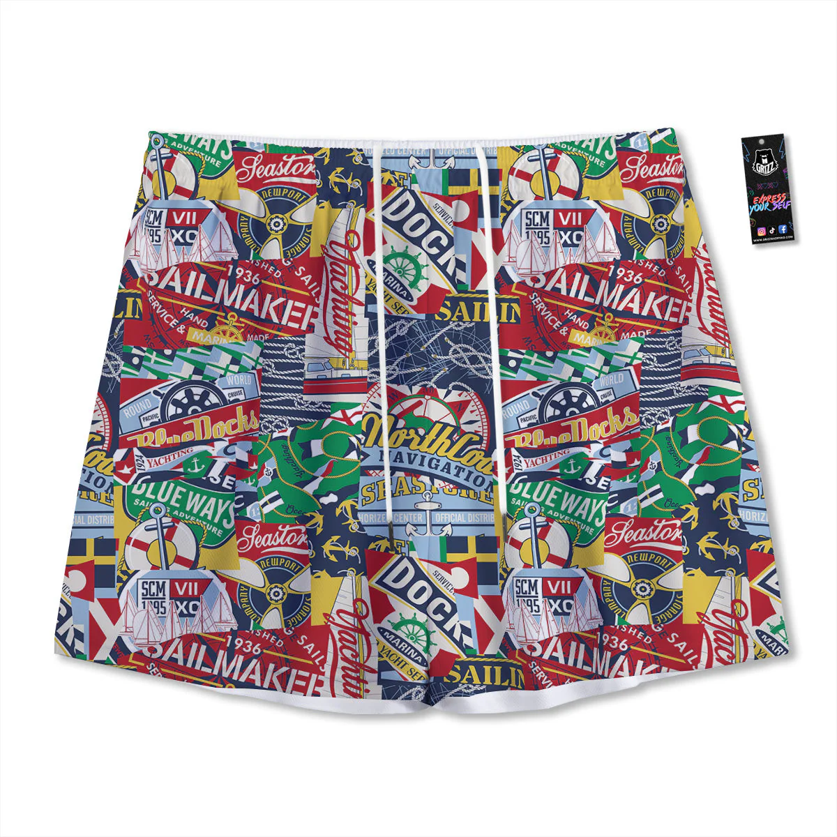Patchwork Vintage Nautical Print Pattern Mesh Shorts