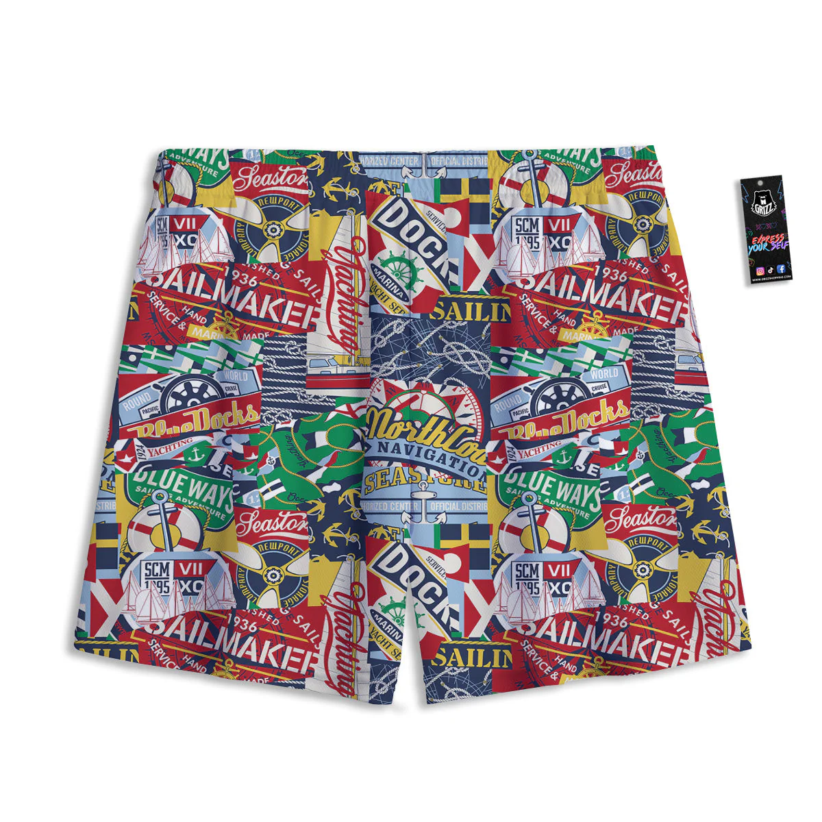 Patchwork Vintage Nautical Print Pattern Mesh Shorts - Image 2