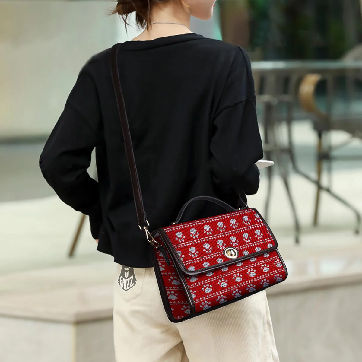 Paw Knitted White And Red Print Pattern Women's Satchel Bag - Image 3