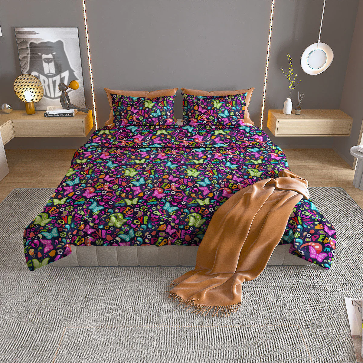 Peace Groovy Girly Print Pattern Duvet Cover Bedding Set