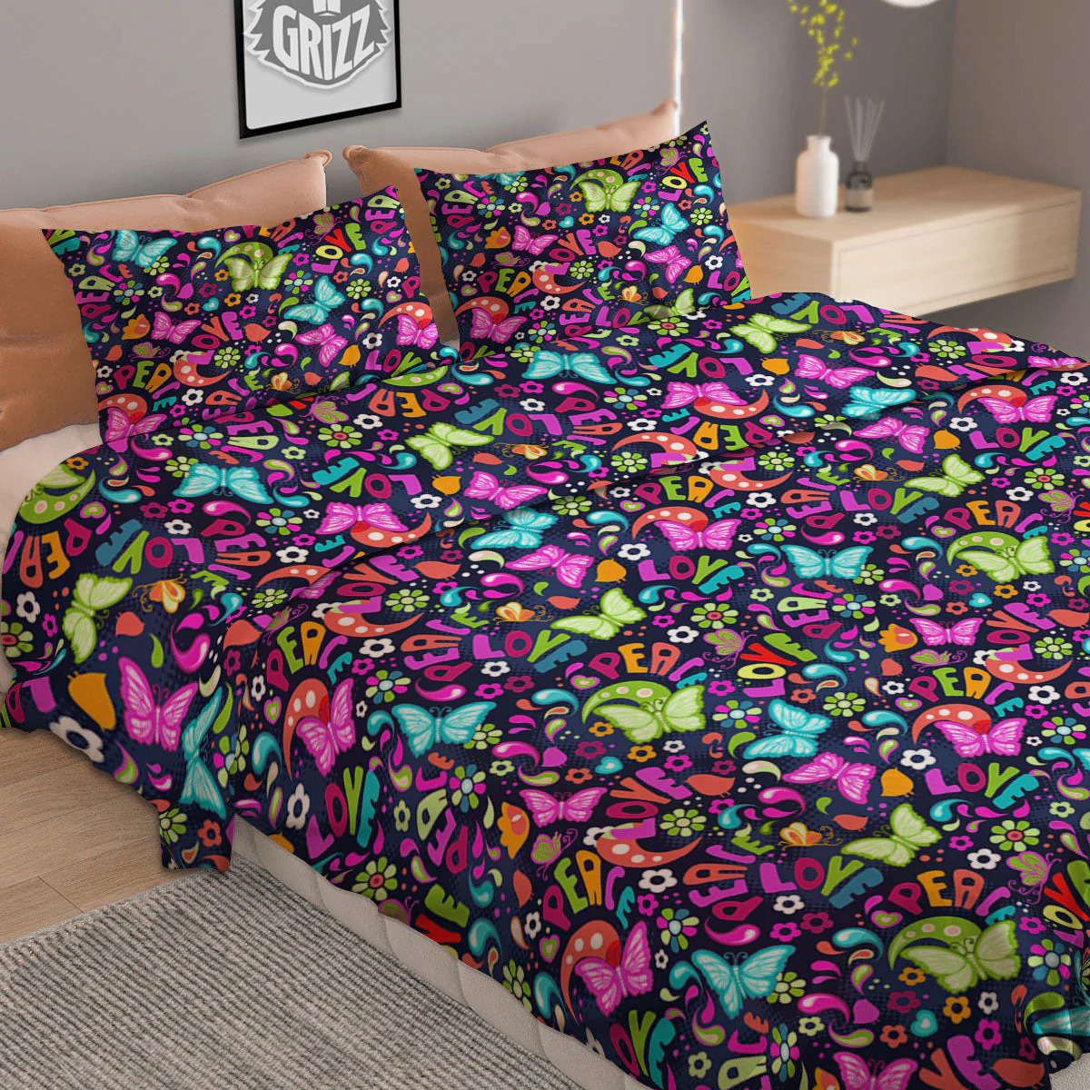 Peace Groovy Girly Print Pattern Duvet Cover Bedding Set - Image 2