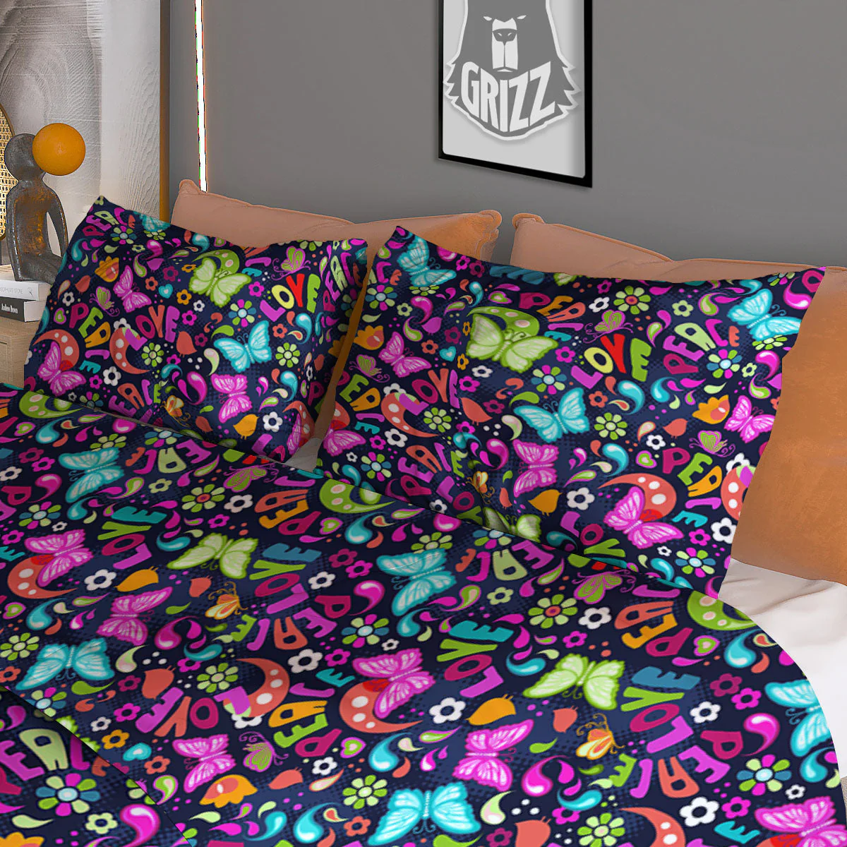 Peace Groovy Girly Print Pattern Duvet Cover Bedding Set - Image 3