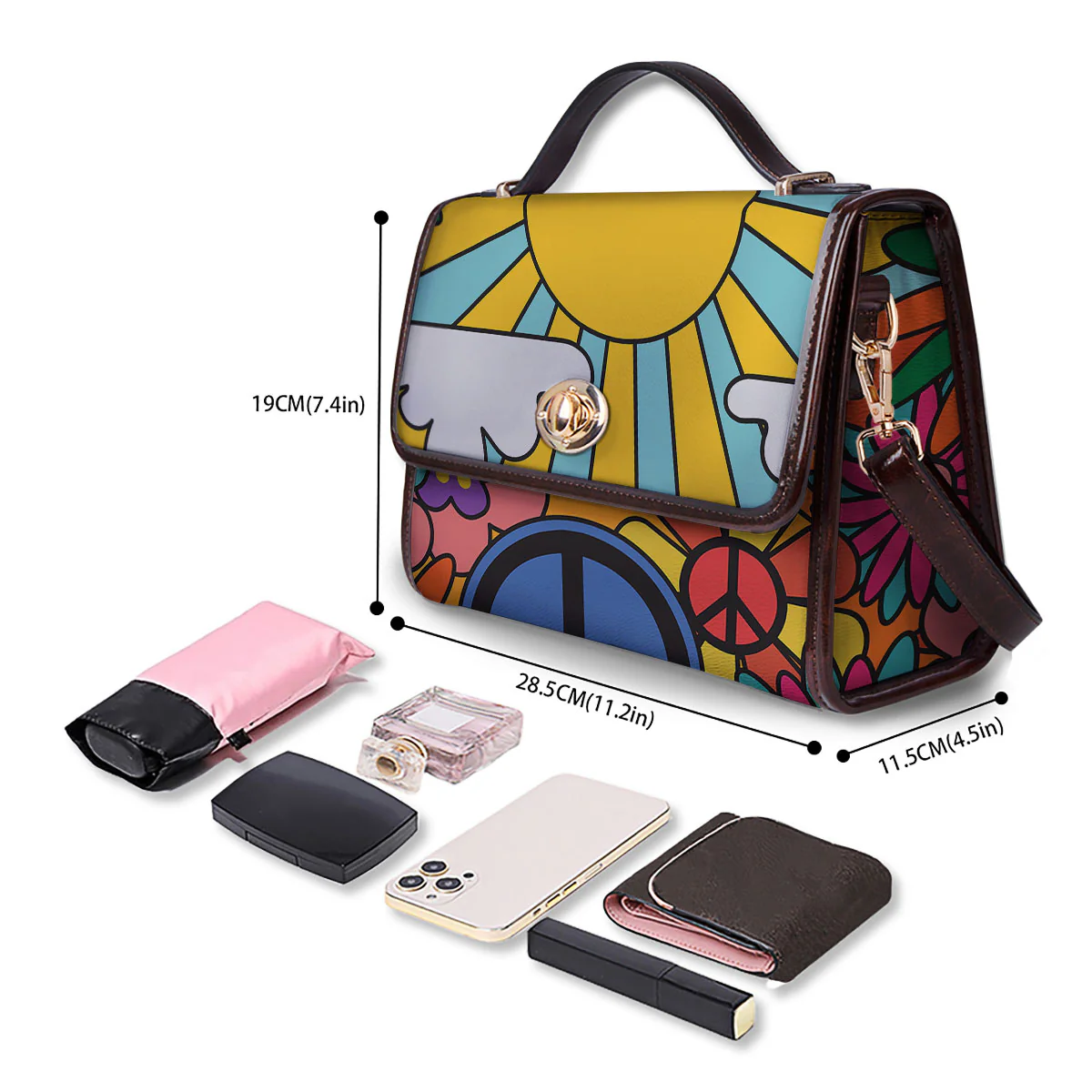 Peace Sign Hippie Flower Print Women's Satchel Bag - Image 4
