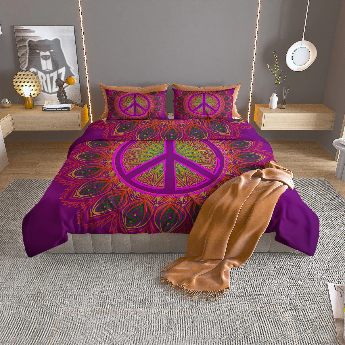 Peace Sign Psychedelic Hippie Print Duvet Cover Bedding Set