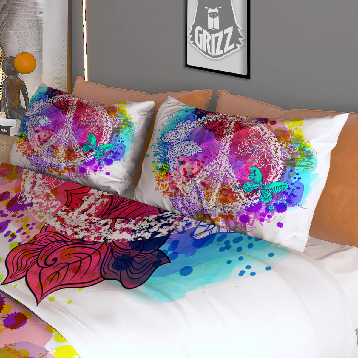 Peace Signs Colorful Hippie Print Duvet Cover Bedding Set - Image 3