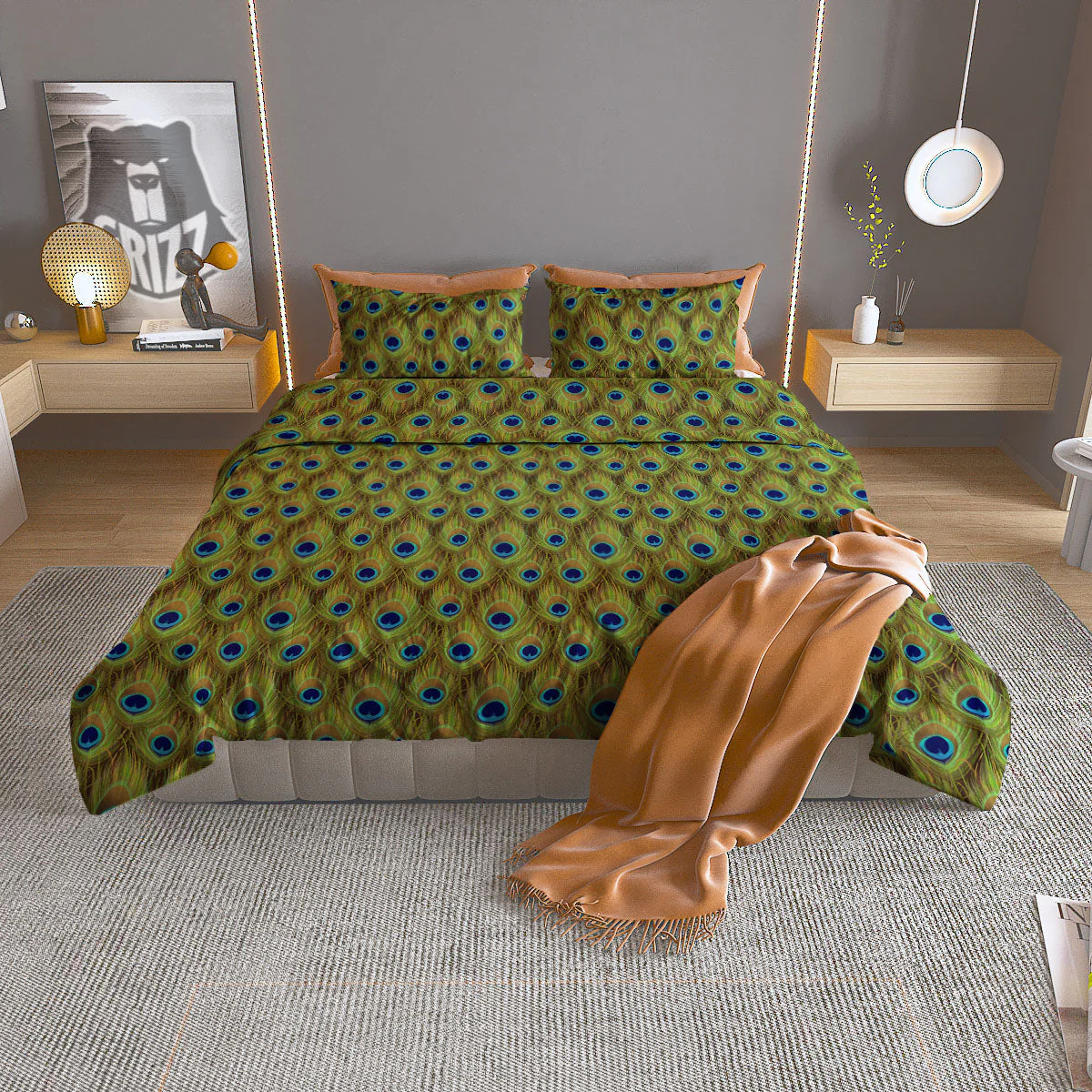 Peacock Feather Boho Print Pattern Duvet Cover Bedding Set