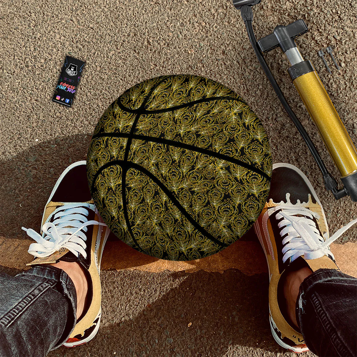 Peacock Feather Gold And Black Print Basketball - Image 2