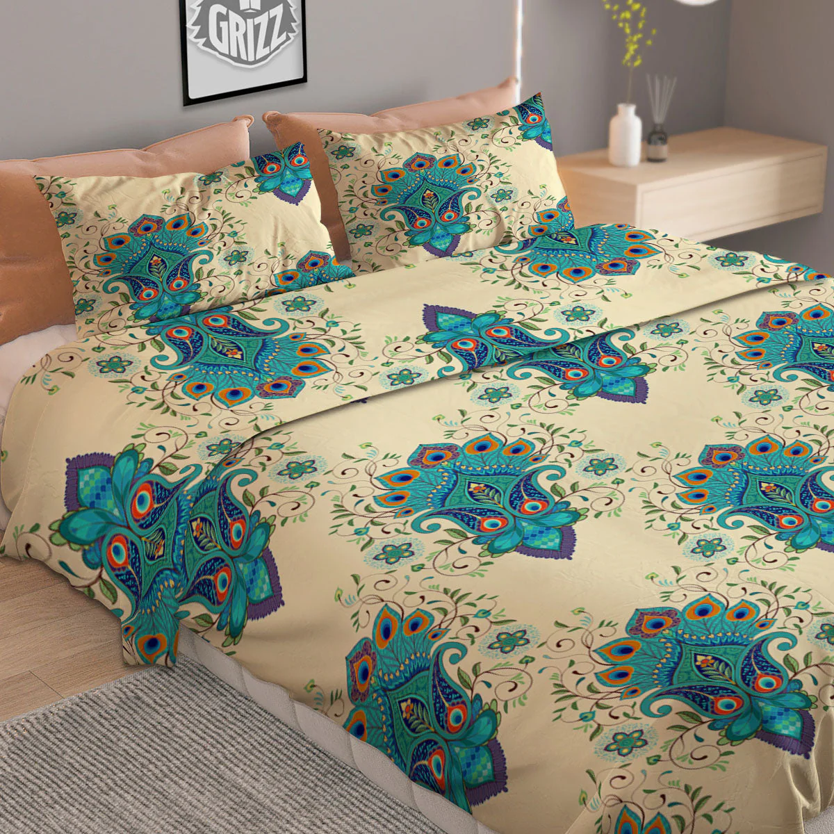 Peacock Feather Vintage Print Pattern Duvet Cover Bedding Set - Image 2