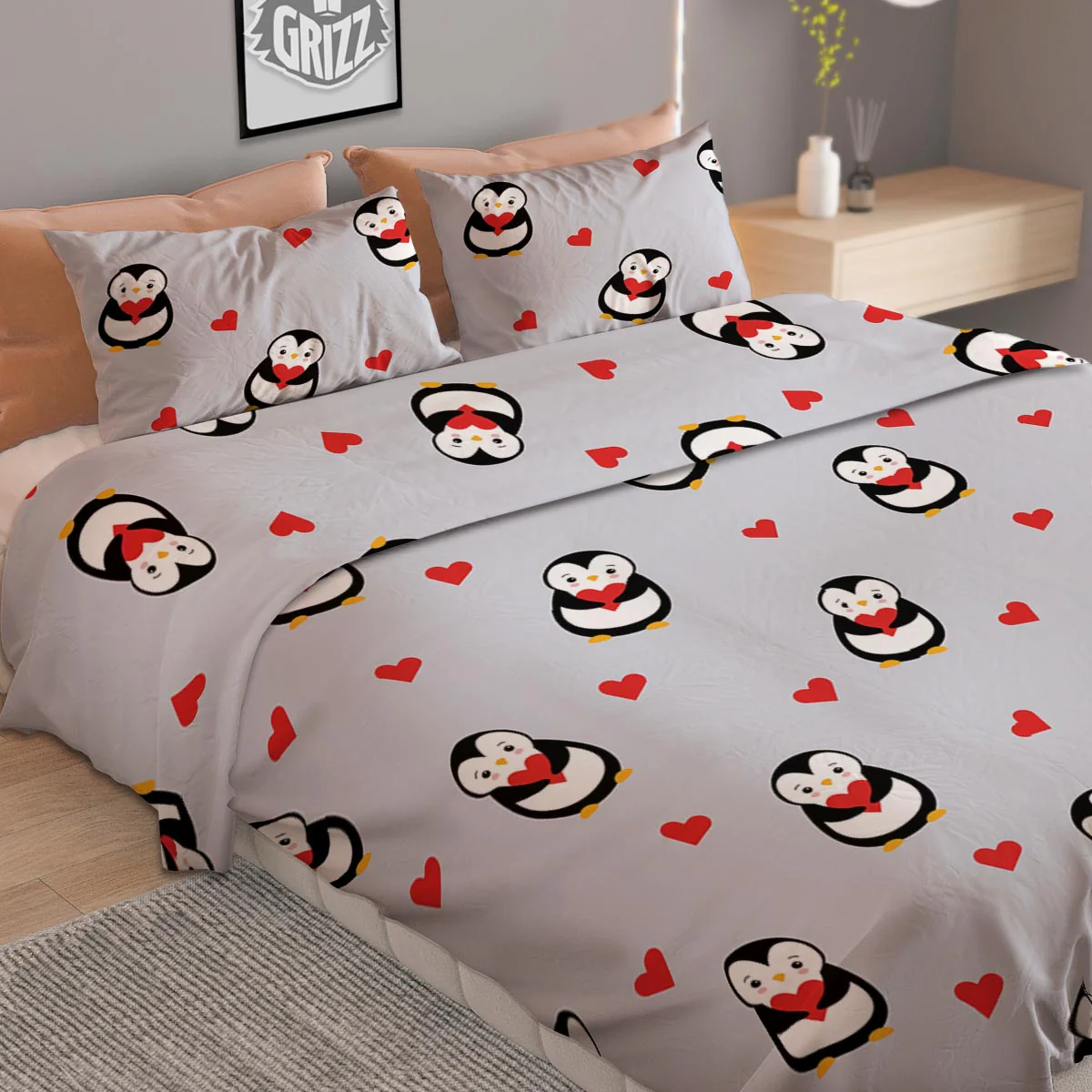 Penguin And Red Heart Print Pattern Duvet Cover Bedding Set - Image 2