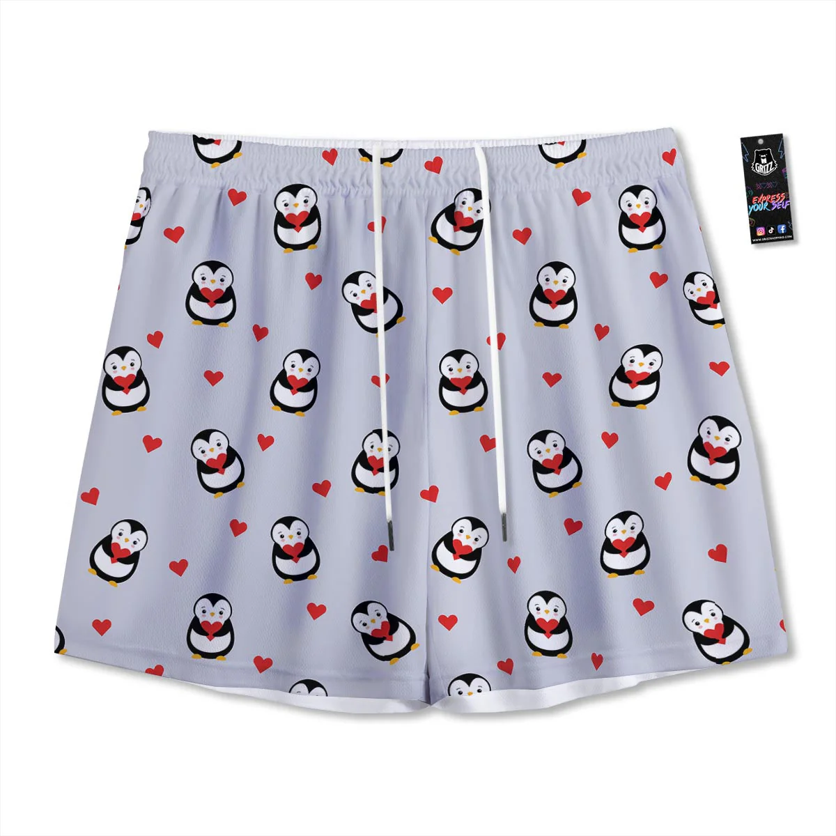 Penguin And Red Heart Print Pattern Mesh Shorts