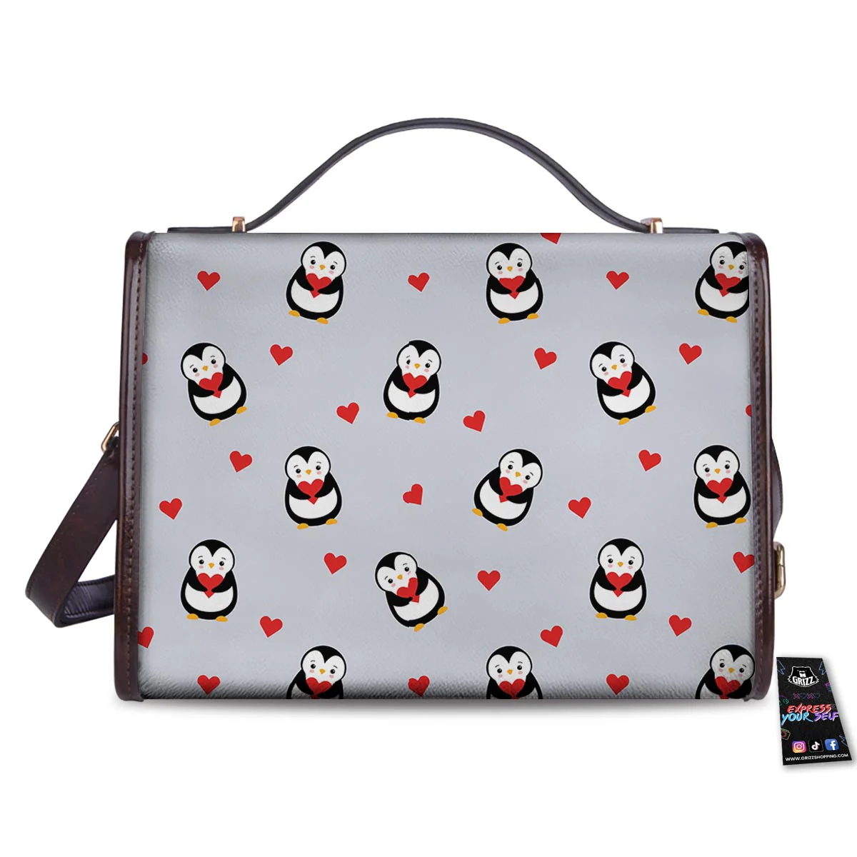 Penguin And Red Heart Print Pattern Women's Satchel Bag - Image 2