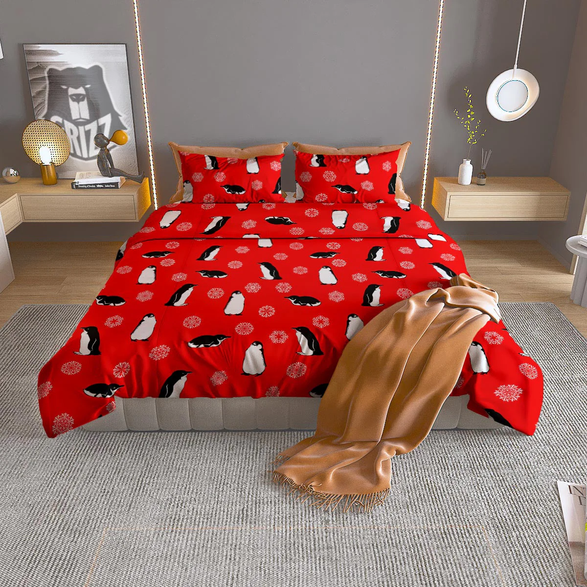 Penguin Red Snow Print Pattern Duvet Cover Bedding Set