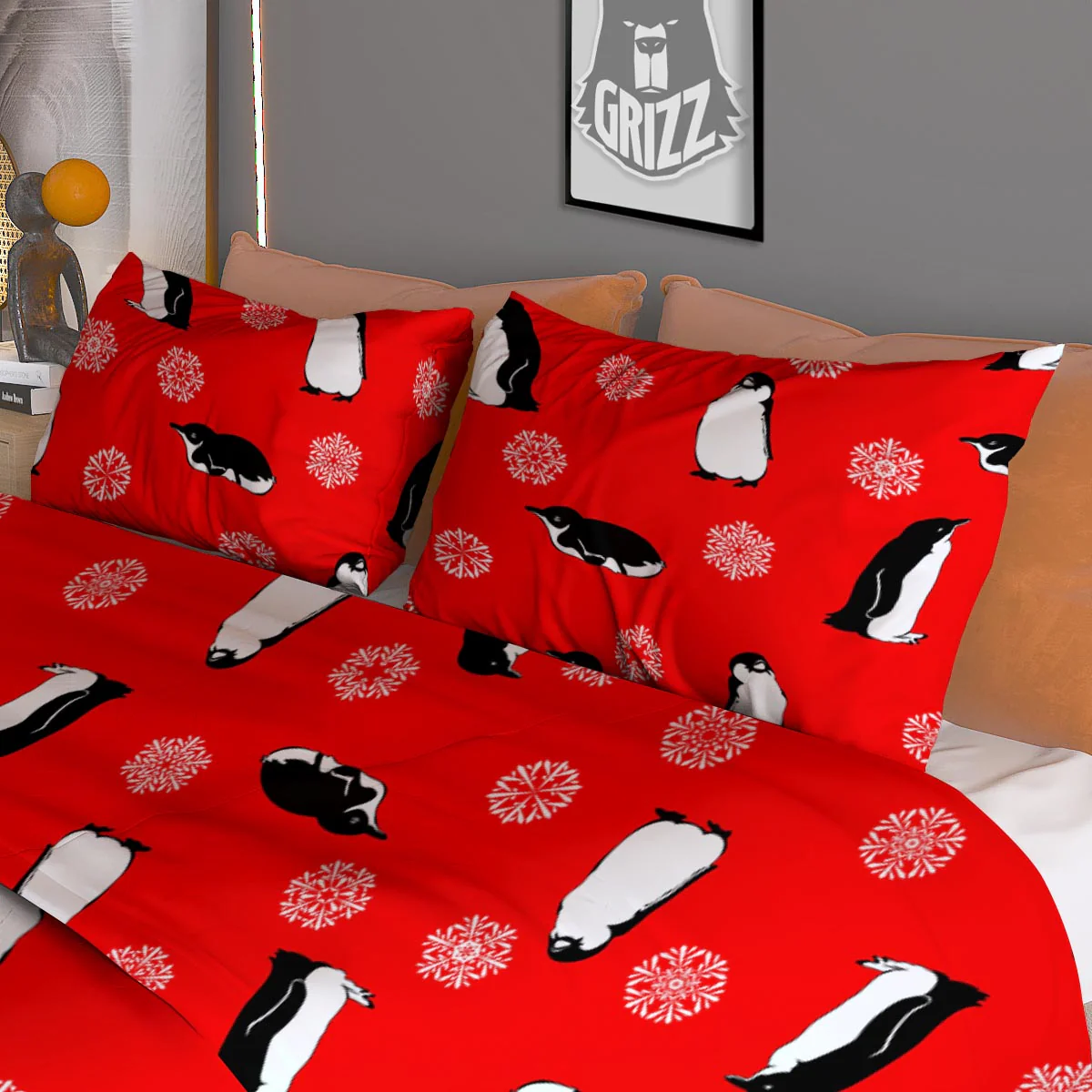 Penguin Red Snow Print Pattern Duvet Cover Bedding Set - Image 3