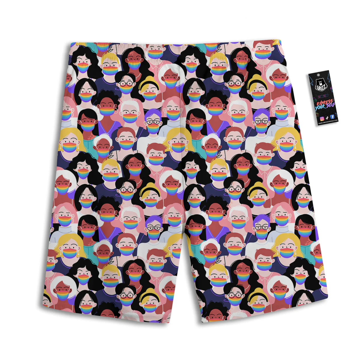 People And Rainbow Face Masks Print Pattern Men's Athletic Shorts - Image 2