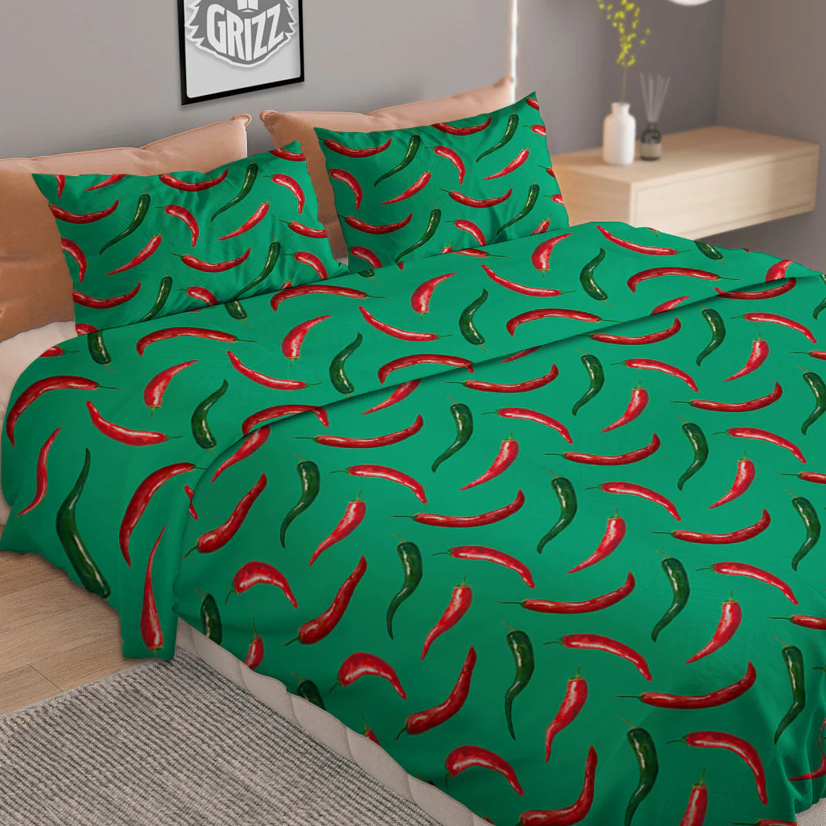 Peppers Chili Green Print Pattern Duvet Cover Bedding Set - Image 2