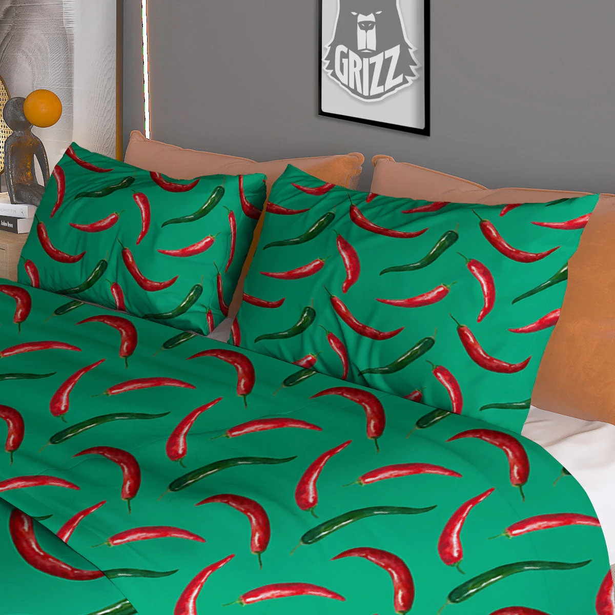 Peppers Chili Green Print Pattern Duvet Cover Bedding Set - Image 3